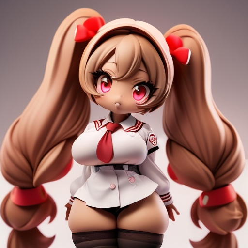 Prompt: big breasted African American gyaru with twin tails and red eyes, in school uniform, thigh high socks 