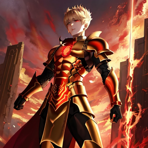 Prompt: Gilgamesh (fate), gate of Babylon, red skies, red eyes, black, red and gold armour 