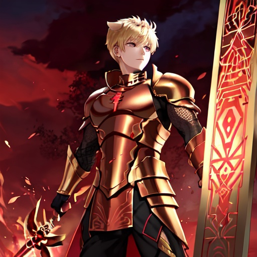 Prompt: Gilgamesh (fate), gate of Babylon, red skies, red eyes, black, red and gold armour 