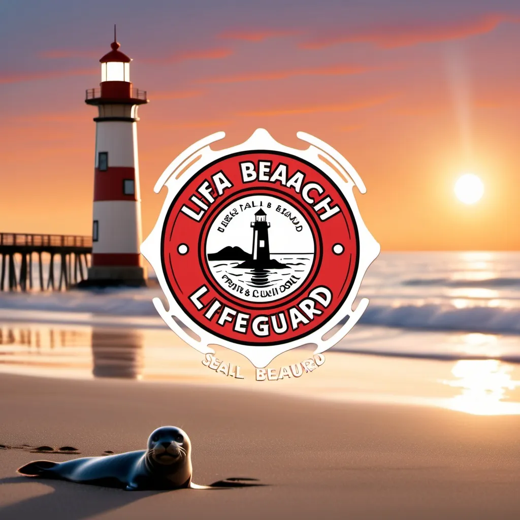 Prompt: seal beach lifeguard logo on a beach at sunset with a pier in the background and a lighthouse in the distance, seal squad, logo, a digital rendering clear in english, seals playing in water