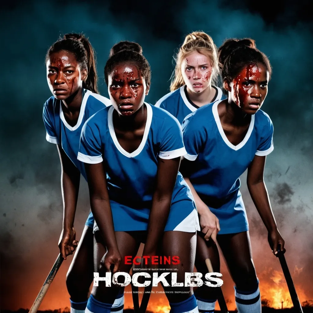 Prompt: A movie poster for a violent thriller about four black female teenage field hockey players from Zimbabwe who have to fight for their lives when intruders break in one night. The poster is a midshot of the four girls at night looking battered and bruisedband covered in blood, sweat and tears because they've just survived a violent struggle. There are 3 black girls and 1 white girl. Make the girls more pretty, and make their hockey uniforms white with splatters of blood.