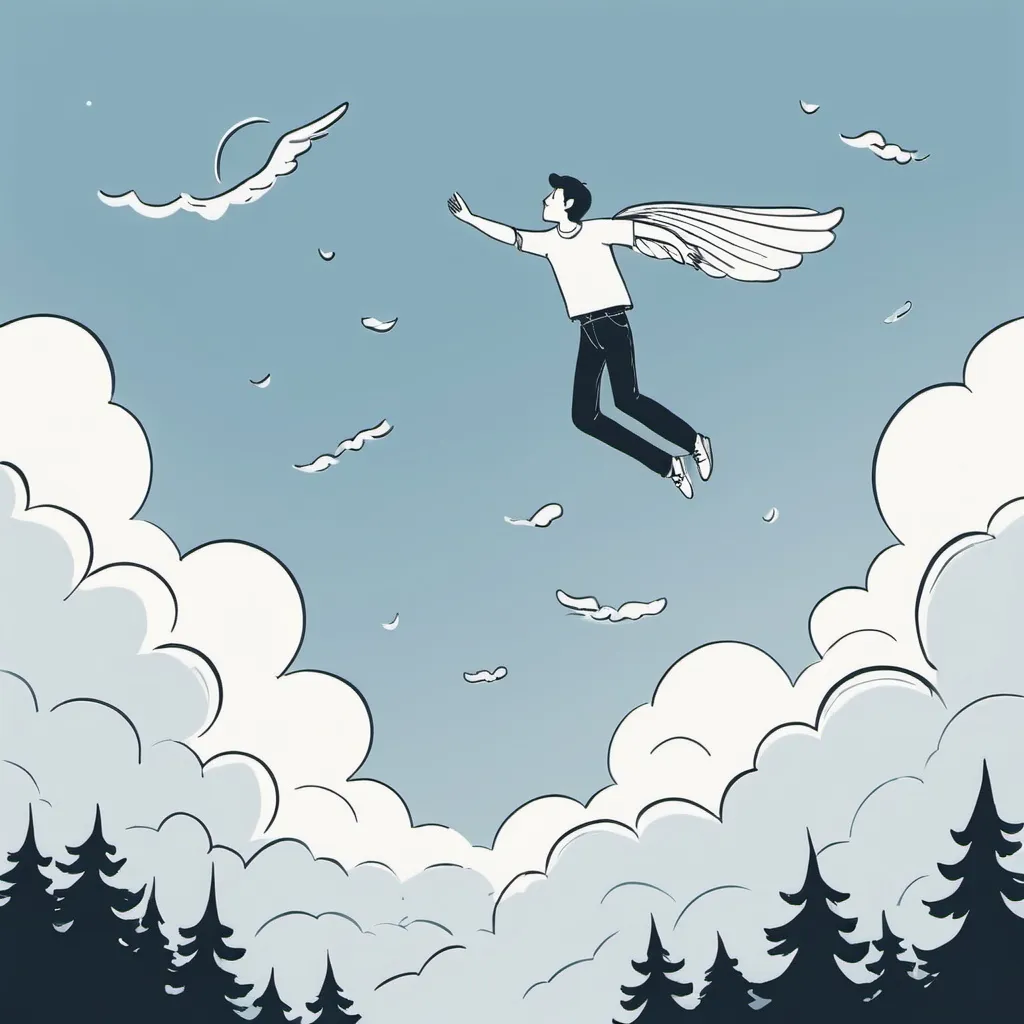 Prompt:  image of the hand-drawn style,  featuring a simple guy flying above the sky. MINIMALIST ILLUSTRATION 