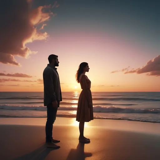 Prompt: a man and woman standing on a beach at sunset with the ocean in the background and a sky in the background, Daryush Shokof, hurufiyya, vfx, a picture