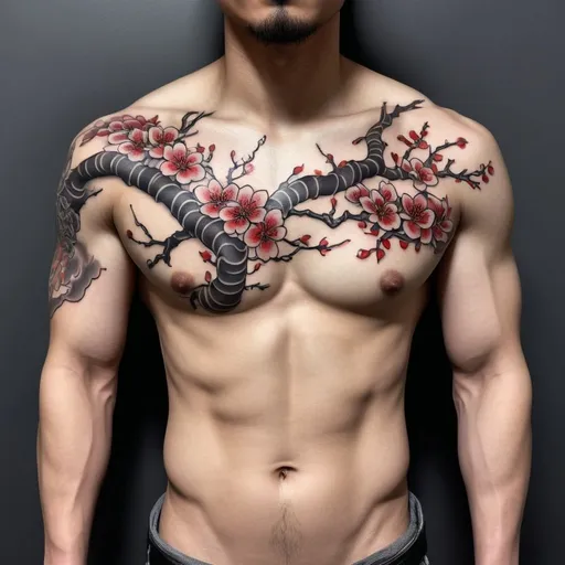 Prompt: Cherry blossom tattoo on male chest, realistic black and white sketch, high contrast, intricate detailing, fine line work, black and grey and red, Japanese style, masculine, strong shadows, high quality, detailed shading, traditional art, dramatic lighting