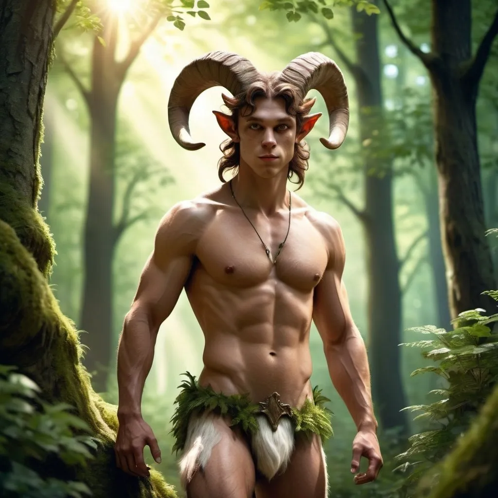 Prompt: Realistic full body photo of a  young,handsome,attractive, athletic, Satyr in a mysterious forest, detailed goat-like features, lush greenery, dappled sunlight filtering through the trees, high quality, realistic, detailed fur, forest fantasy, mythical creature, realistic colors, atmospheric lighting, detailed eyes, professional, lush forest setting, magical, natural tones