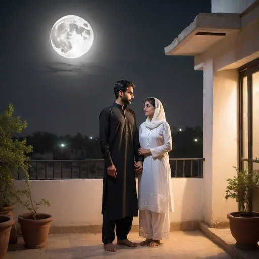 Prompt: A pakistani couple in their home terrace, in the full moonlight. Woman dressed up in black from head to toe and man wearing white dress. The woman is young and full grown