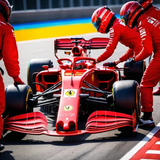 Prompt: High quality photo of Formula 1 Ferrari 2024, driver Charles Leclerc in helmet, red car with race number 16 exiting pit stand, joining pit line, detailed car design, intense racing atmosphere, professional, vibrant colors, dynamic lighting, F1 racing, iconic red, detailed helmet, sleek design, highres, ultra-detailed, professional photography, fast-paced energy