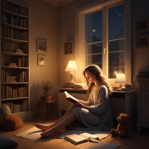 Prompt: Here’s a detailed breakdown for the scene:

Setting:  Create a scene of a cozy room at night. A beautiful girl with loose, flowing hair is sitting on the floor near a large window, engrossed in reading a book. The room is softly illuminated by the warm light of a floor lamp beside her, casting a gentle glow. The window reveals a serene night sky with a hint of moonlight. The room has a lived-in charm with a slightly messy, yet cozy feel. There is a plush couch with a few throw pillows, a bookshelf filled with books and a couple of knick-knacks, and a small table with a steaming cup of coffee and a plate of cookies. An open magazine and a couple of scattered cushions add to the relaxed atmosphere. The girl is dressed comfortably in cozy pajamas or a knitted sweater, and a soft rug is under her, adding to the warmth of the scene. The overall ambiance should convey relaxation and a sense of homey comfort, with the night outside adding a tranquil touch.