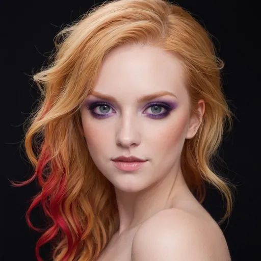 Prompt: Okay  give me a beautiful  sonn of nyx with violet and red eyes and strawberry blonde hair.