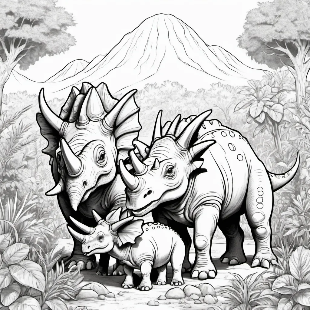 Prompt: coloring book page of "El Triceratops y su Familia": Un dibujo de un Triceratops con sus cr�as en un entorno natural, con �rboles y vegetaci�n prehist�rica.black and white,cute --v5