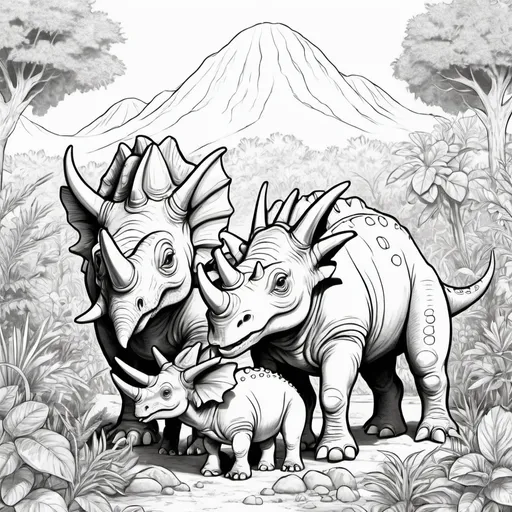 Prompt: coloring book page of "El Triceratops y su Familia": Un dibujo de un Triceratops con sus cr�as en un entorno natural, con �rboles y vegetaci�n prehist�rica.black and white,cute --v5