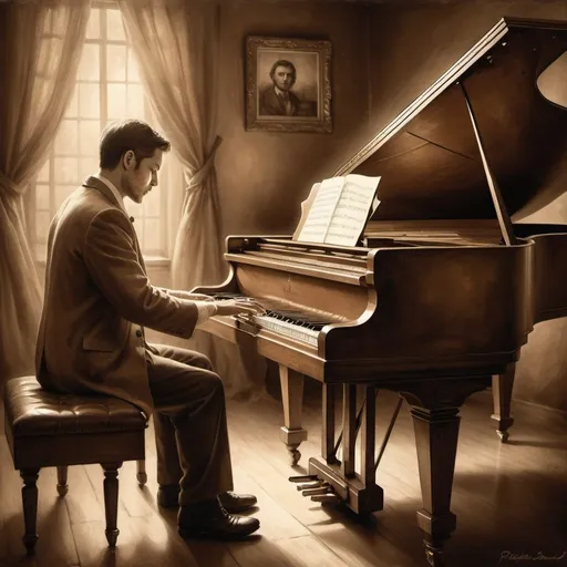 Prompt: Pianist playing a grand piano, vintage sepia-toned oil painting, dramatic lighting, detailed hands on the piano keys, mystical atmosphere, prophetic scene, ancient setting, high quality, sepia-toned, vintage oil painting, detailed hands, dramatic lighting, prophetic atmosphere