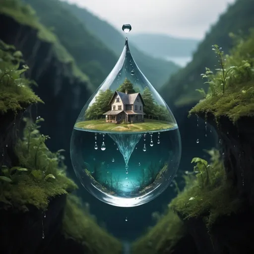 Prompt: in the depths of the sea there are many transparent droplets and in the center a large drop containing a village surrounded by a forest and a hill. In the depth of the drop the earth extends downwards
