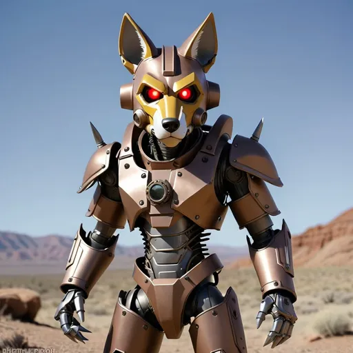 Prompt: Metal coyote mask humanoid power armor no gun