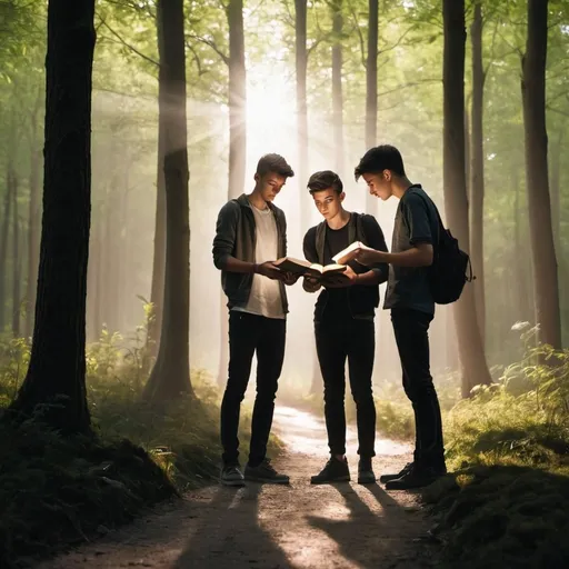 Prompt: three young men are standing on a path way in  a wood towards a bright light shining ahead and they are looking in a book and discussing something. One of them is  black

 

