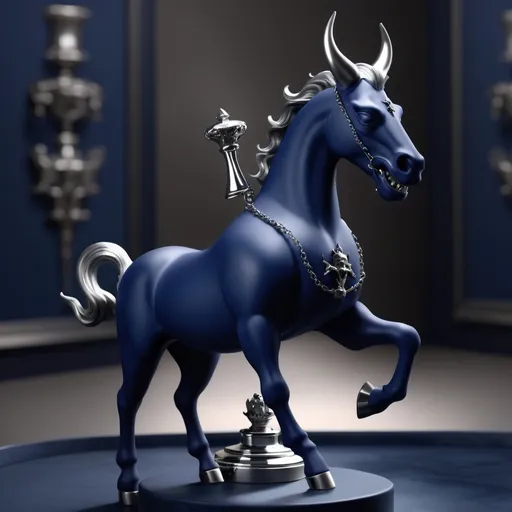 Prompt: Parfums de marly Layton as a demon. Dark blue, horse, spicey, silver, 4k, ultra realistic, matte