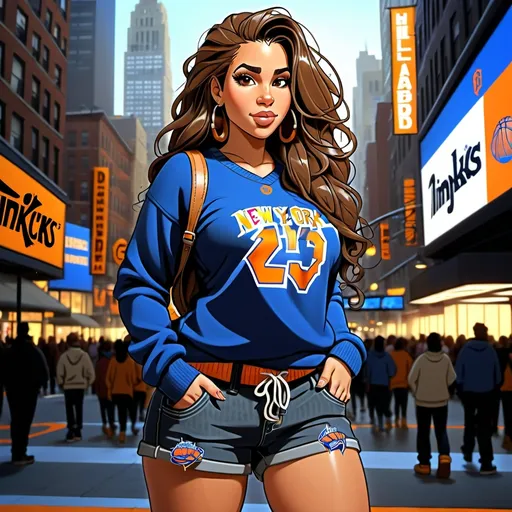 Prompt: HD, cartoon style picture, head to toe, Timberland boots, comic like, fantasy, comic, anime, animation, cartoon, urban setting, dimples, beautiful light-skinned tan Latina, Latina in her late 30s, dark+brown hair, tan skin Latina gorgeous thick body, thick thighs, 160lb,  dark very long brown hair, full body, cartoon, curvy body, not skinny, gorgeous, hyper curvy woman with brown highlights in her very long messy slight curly very long hair, big light brown eyes, you can see her whole body, whole body, big large light brown eyes, dimples and high cheek bones, New York Knicks sweater, tight jeans shorts, New York Knicks blue sweater, Timberland wheat boots, whole body, full body, Timberland wheat-colored boots, Vibrant, Highly Detailed, Smooth, Sharp Focus, Illustration, hyperdetailed, animated, anime style, glow, big hoop earrings, thin eyebrows, city lights, basketball, spotlight. I want the image to be cartoon style animated, SDXL, animation, fantasy, HD, 4k, comic, street appeal, spell KNICKS correctly on the sweater