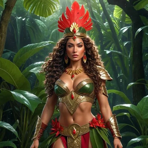Prompt: HD 4k 3D, 8k, hyper realistic, professional modeling, Latina Goddess, waist-long dark brown wavy curly 2c hair, tan skin, not thick eyebrows, less full lips, gorgeous glowing face, warrior armor, red jade jewelry and crown and golden girdle, Amazon warrior, full body, rainy green hills, adorned with cardinal feathers and gloriosa lilies, tropical setting, surrounded by ambient divine glow, detailed, elegant, mythical, surreal dramatic lighting, majestic, goddesslike aura