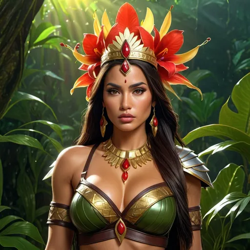 Prompt: HD 4k 3D, 8k, hyper realistic, professional modeling, Latina Goddess, waist-long dark brown 2c hair, tan skin, thin eyebrows, less full lips, gorgeous glowing face, warrior armor, red jade jewelry and crown and golden girdle, Amazon warrior, full body, rainy green hills, adorned with cardinal feathers and gloriosa lilies, tropical setting, surrounded by ambient divine glow, detailed, elegant, mythical, surreal dramatic lighting, majestic, goddesslike aura