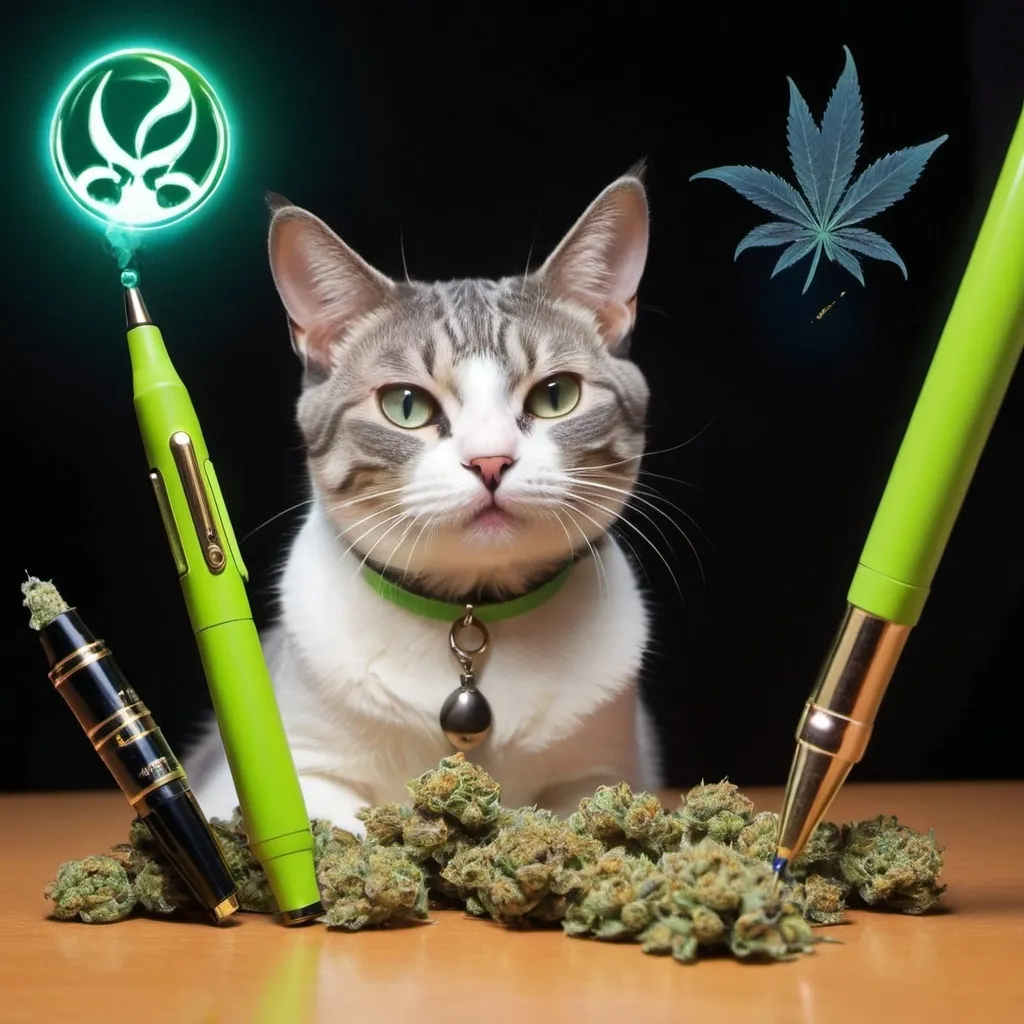 Prompt: cat hitting weed pen with alien friends