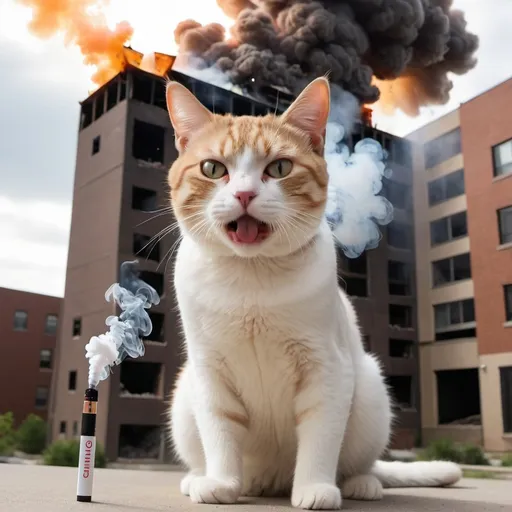 Prompt: cat smoking a juul infant of an exploding building