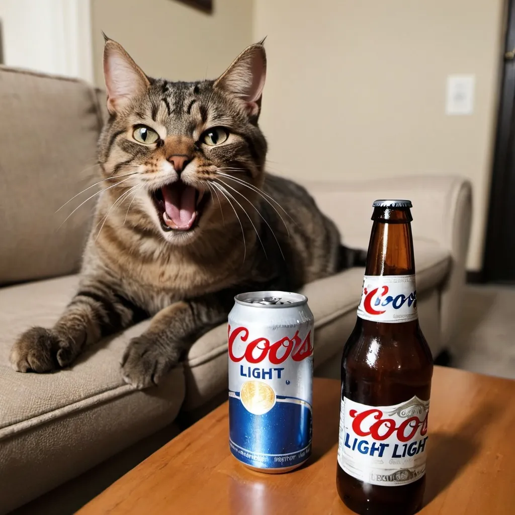 Prompt: cat drinking coors light on couch while yelling at cat children for another 