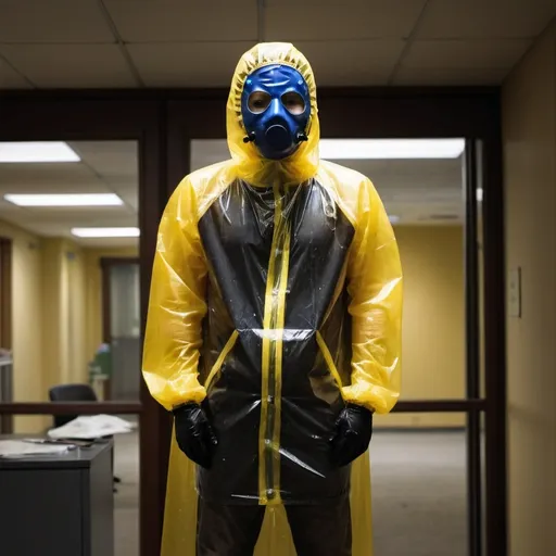 Prompt: masked man covered in plastic standing in a empty office building at night with yellow dim lighting