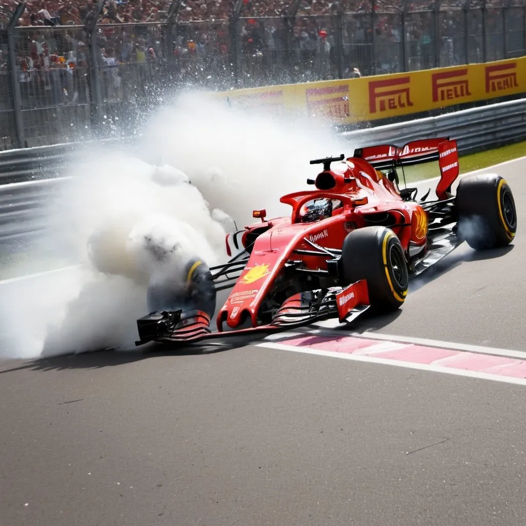 Prompt: A formula 1 car crashing into the barriers at very high speeds photo taken 0.1 seconds after the formula 1 car hat the barrier