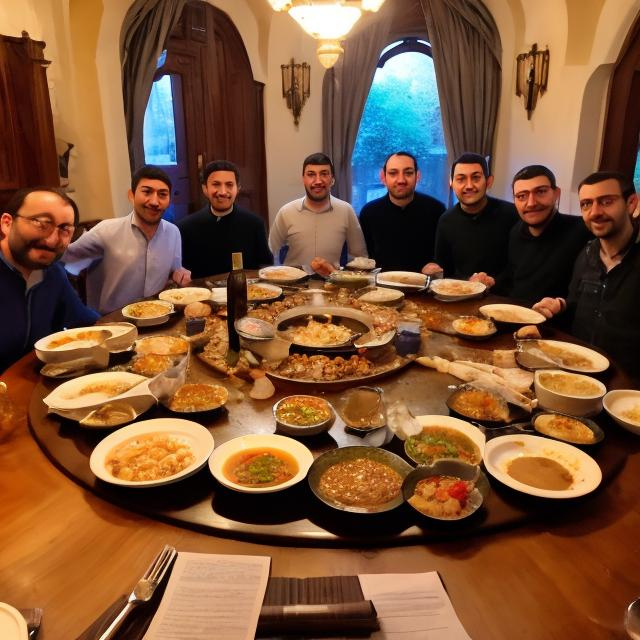 Prompt: Farbrengen dinner with 12 of my  male Jewish friends, where we read the Torah and eat non-kosher Chinese food around a big round table with a lazy Susan in the middle with lots of food on it 