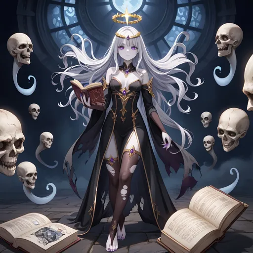 Prompt: Barefoot pale female undead, (beautiful), striking (purple cataract eyes), flowing (white hair, Golden wreath, ornate Golden halo), (holding a spellbook, reading) in (torn skimpy black robes, white skin, dark eyebags, purple nail and toenail polish, toeless stockings, bridal gauntlets), Highly detailed hands and feet,(necromancer) in a mystical setting, (Floating Skull, ghosts), (walking Position, Floating in air), ominous atmosphere, dark and moody tones, ethereal glow around the spellbook, detailed textures, enchanted background with ghostly elements, eerie lighting, (highly detailed), cinematic style, 4K resolution.