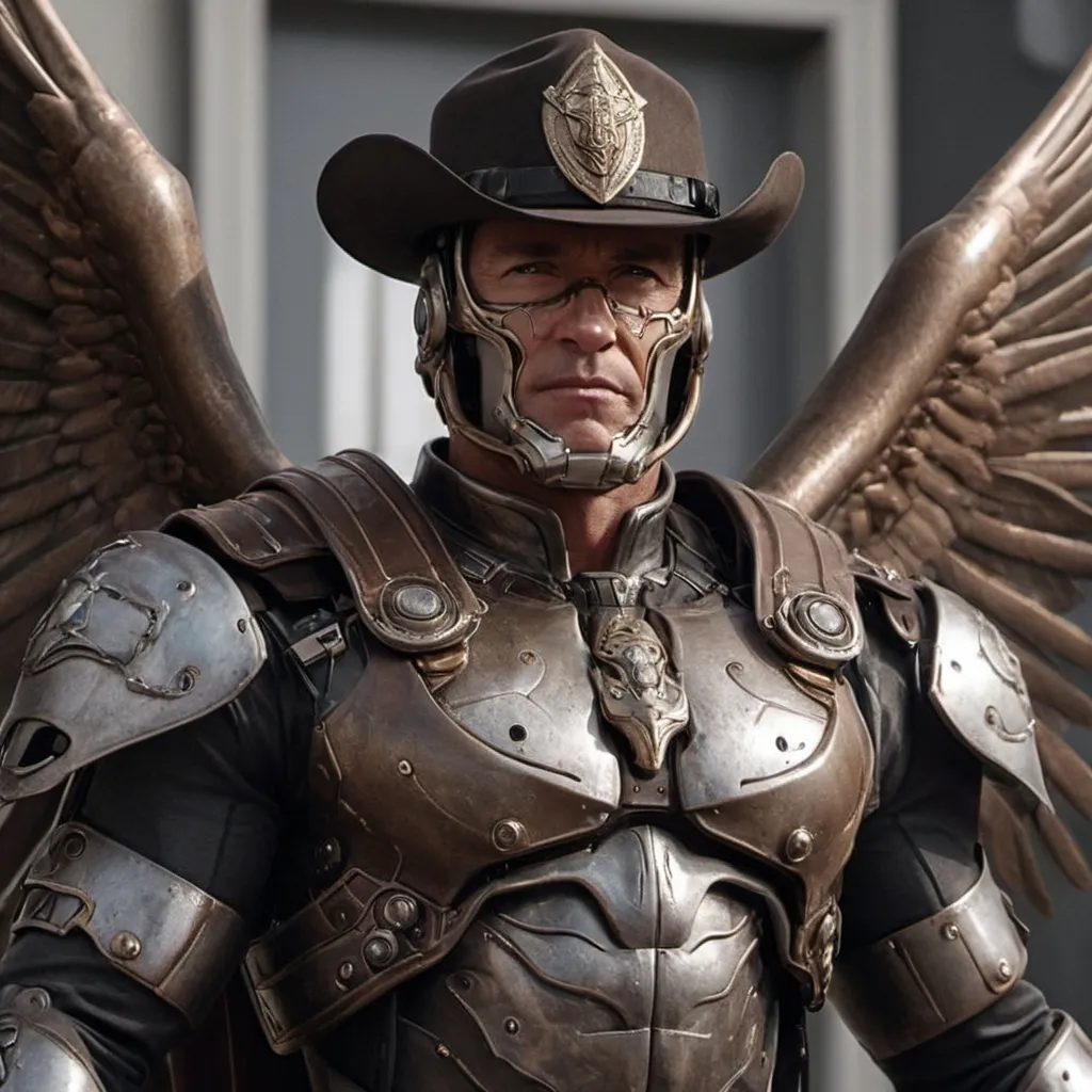 Prompt: Arnold Schwarzenegger   in futuristic metal armor with brown and black hat, wings to fly, the queen's protector