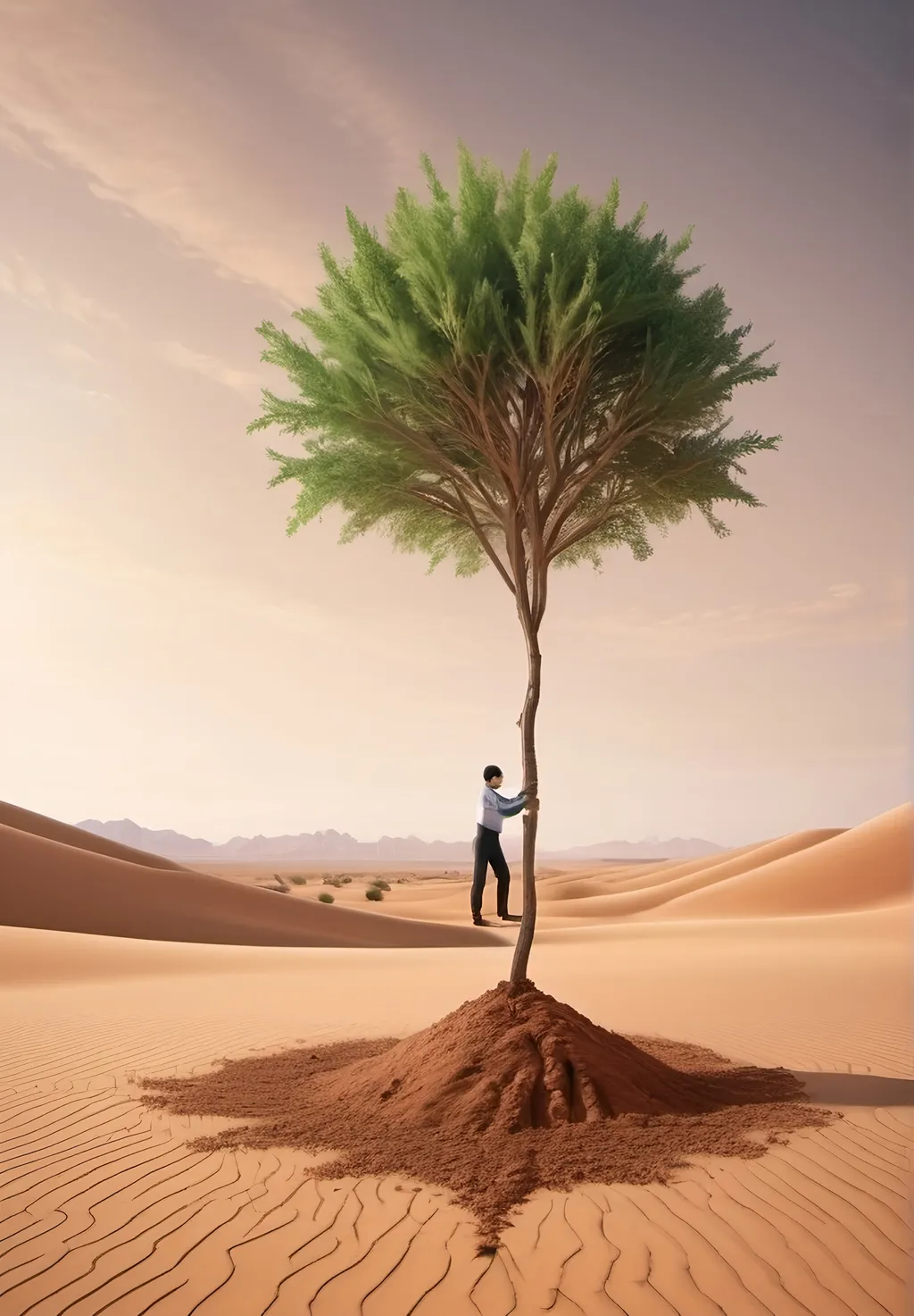 Prompt: Planting a tree in a desert which symbolizes generosity since itbos used by other people make it look like an ai art