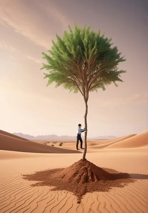 Prompt: Planting a tree in a desert which symbolizes generosity since itbos used by other people make it look like an ai art