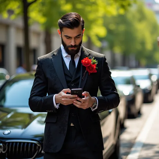 Prompt: Dressed in a tailored black suit adorned with intricate patterns, a man stands confidently by a sleek car, his expression intense and focused as he interacts with his smartphone. His outfit is accentuated by a striking red floral accessory pinned on his lapel, alongside a matching necktie, adding a splash of vibrant color against the darker tones of his attire. The backdrop features a sunlit urban scene with lush green foliage and an array of parked cars, suggesting a warm day. Natural light casts subtle shadows on his face, highlighting his strong features and well-groomed beard, which complements his meticulously styled hair. The overall atmosphere conveys a sense of sophistication and assertiveness, as if he is poised for an important engagement or event.