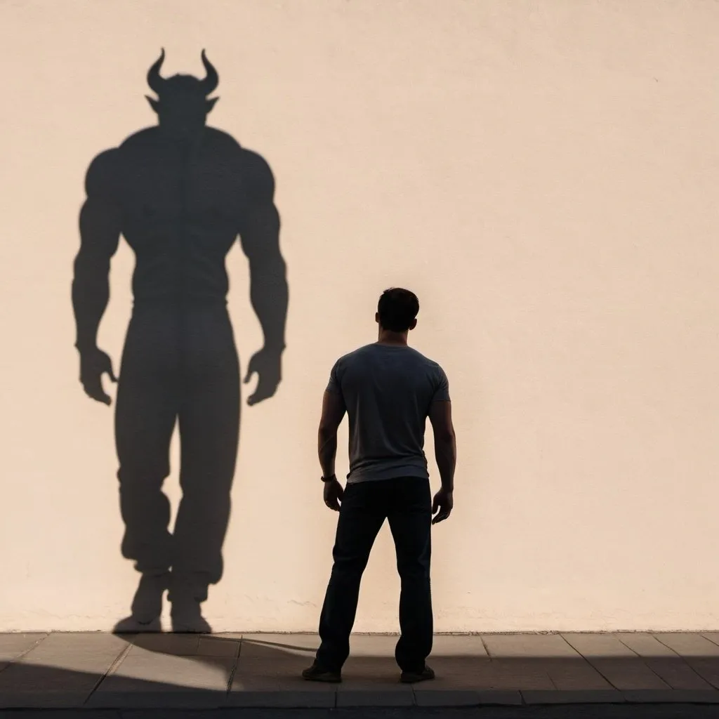 Prompt: a strong man looking at a wall as he walks by it. on the wall is his shadow exept the shadow itself is monstorous. as to represent the devil inside of us.