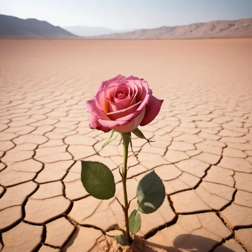Prompt: create me a beatiful image of a single rose growing in the middle of a very dry desert

