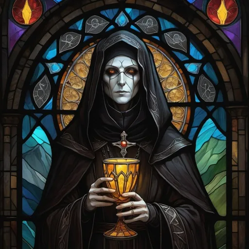 Prompt: Necromantian and alcoholic nun, dark nun, necromantic atmosphere, mystical and otherworldly atmosphere, drape and detailed fabrics with linen texture, intense and focused gaze, high-quality, highres, detailed, fantasy art, post-apocalyptic, mystical atmosphere, intense gaze, video game, Skyrim style, lord of the rings style, Magic the gathering style, Wayne Reynolds style, Marc Tedin style, Carl Critchlow style, Ilse Gort style