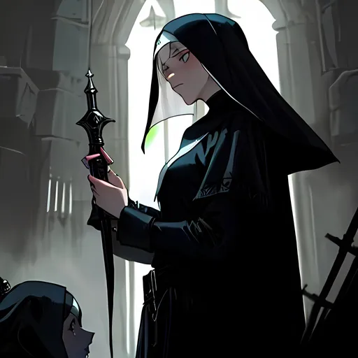 Prompt: Necromantian and alcoholic girly nun, dark nun, necromantic atmosphere, mystical and otherworldly atmosphere, drape and detailed fabrics with linen texture, intense and focused gaze, high-quality, highres, detailed, fantasy art, post-apocalyptic, mystical atmosphere, intense gaze, video game, Skyrim style, lord of the rings style, Magic the gathering style, Wayne Reynolds style, Marc Tedin style, Carl Critchlow style, Ilse Gort style