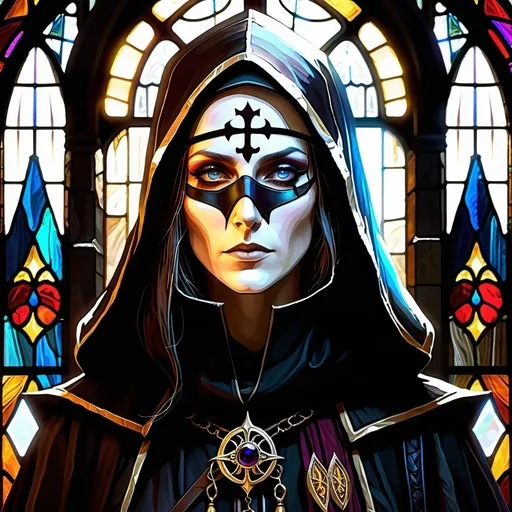 Prompt: Necromantian and alcoholic pirat nun, dark nun, pirat nun, scar, eye patch, pirat, convent, necromantic atmosphere, mystical and otherworldly atmosphere, drape and detailed fabrics with linen texture, intense and focused gaze, high-quality, highres, detailed, fantasy art, post-apocalyptic, mystical atmosphere, intense gaze, video game, Skyrim style, lord of the rings style, Magic the gathering style, Wayne Reynolds style, Marc Tedin style, Carl Critchlow style, Ilse Gort style