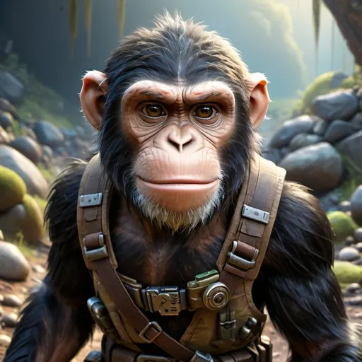 Prompt: Blind chimpanzee in a video game scene, fantasy art medium, post-apocalyptic setting, detailed fur with rugged texture, mystical and otherworldly atmosphere, intense and focused gaze, high-quality, highres, detailed, fantasy art, post-apocalyptic, blind chimpanzee, rugged fur, mystical atmosphere, intense gaze, video game, Skyrim style, Fallout style, Magic the gathering style, Wayne Reynolds style, Marc Tedin style, Carl Critchlow style, Ilse Gort style