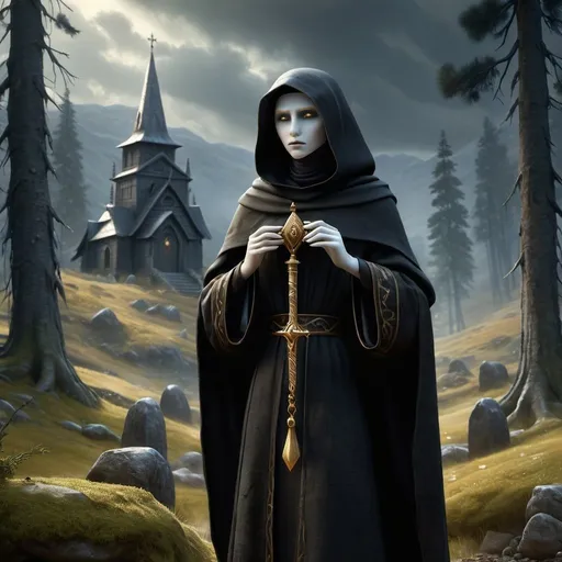 Prompt: Necromantian and alcoholic nun, dark nun, necromantic atmosphere, mystical and otherworldly atmosphere, drape and detailed fabrics with linen texture, intense and focused gaze, high-quality, highres, detailed, fantasy art, post-apocalyptic, mystical atmosphere, intense gaze, video game, Skyrim style, lord of the rings style, Magic the gathering style, Wayne Reynolds style, Marc Tedin style, Carl Critchlow style, Ilse Gort style