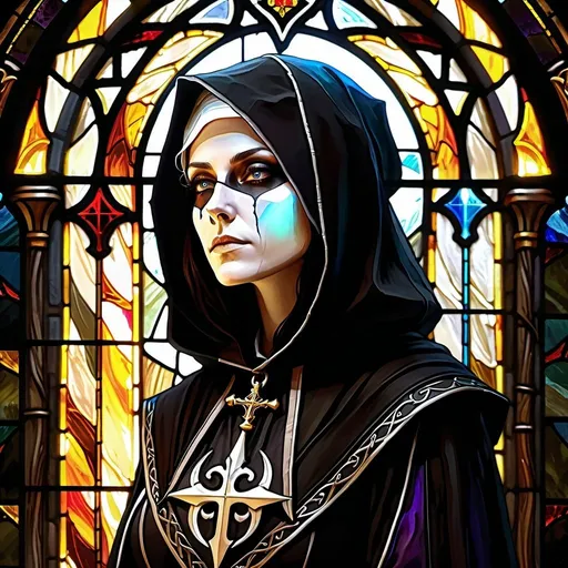 Prompt: Necromantian and alcoholic pirat nun, dark nun, nun, pirat nun, scars, dead eye, pirat, convent, rhum, cursed nun, black flag, necromantic atmosphere, mystical and otherworldly atmosphere, drape and detailed fabrics with linen texture, intense and focused gaze, high-quality, highres, detailed, fantasy art, post-apocalyptic, mystical atmosphere, intense gaze, video game, Skyrim style, lord of the rings style, Magic the gathering style, Wayne Reynolds style, Marc Tedin style, Carl Critchlow style, Ilse Gort style