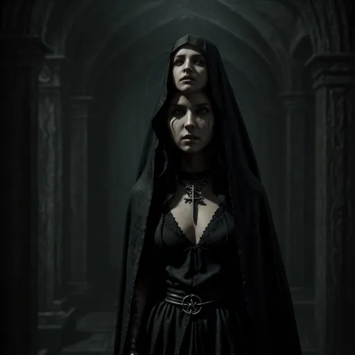 Prompt: Necromantian and alcoholic girly nun, dark nun, necromantic atmosphere, mystical and otherworldly atmosphere, drape and detailed fabrics with linen texture, intense and focused gaze, high-quality, highres, detailed, fantasy art, post-apocalyptic, mystical atmosphere, intense gaze, video game, Skyrim style, lord of the rings style, Magic the gathering style, Wayne Reynolds style, Marc Tedin style, Carl Critchlow style, Ilse Gort style