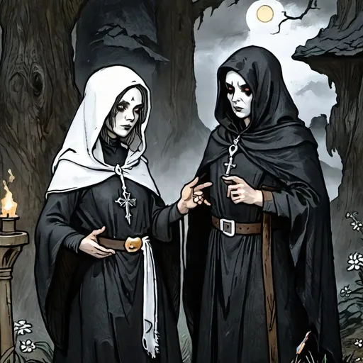 Prompt: Necromantian and alcoholic nun, dark nun, necromantic atmosphere, mystical and otherworldly atmosphere, drape and detailed fabrics with linen texture, intense and focused gaze, high-quality, highres, detailed, fantasy art, post-apocalyptic, mystical atmosphere, intense gaze, video game, Skyrim style, lord of the rings style, Magic the gathering style, Wayne Reynolds style, Marc Tedin style, Carl Critchlow style, Ilse Gort style