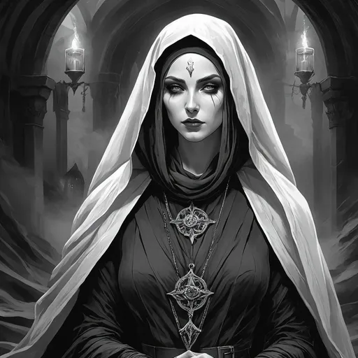 Prompt: Necromantian and alcoholic girly nun, dark nun, necromantic atmosphere, mystical and otherworldly atmosphere, drape and detailed fabrics with linen texture, intense and focused gaze, high-quality, highres, detailed, fantasy art, post-apocalyptic, mystical atmosphere, intense gaze, video game, Skyrim style, lord of the rings style, Magic the gathering style, Wayne Reynolds style, Marc Tedin style, Carl Critchlow style, Ilse Gort style