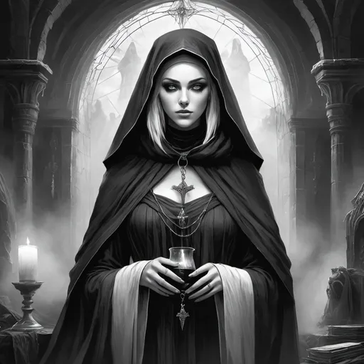 Prompt: Necromantian and alcoholic girly nun, dark nun, necromantic atmosphere, mystical and otherworldly atmosphere, drape and detailed fabrics with linen texture, intense and focused gaze, high-quality, highres, detailed, fantasy art, post-apocalyptic, mystical atmosphere, intense gaze, video game, Skyrim style, lord of the rings style, Magic the gathering style, Wayne Reynolds style, Marc Tedin style, Carl Critchlow style, Ilse Gort style