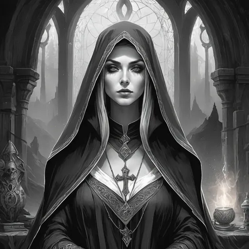 Prompt: Necromantian and alcoholic girly nun, dark nun, necromantic atmosphere, mystical and otherworldly atmosphere, drape and detailed fabrics with linen texture, intense and focused gaze, high-quality, highres, detailed, fantasy art, post-apocalyptic, mystical atmosphere, intense gaze, video game, Skyrim style, lord of the rings style, Magic the gathering style, Wayne Reynolds style, Marc Tedin style, Carl Critchlow style, Ilse Gort style