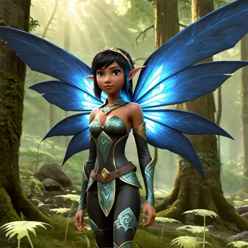 Prompt: A black block fairy in a video game scene, in a zad, fairy ecoterorist, fairy activist, fantasy art medium, post-apocalyptic setting, detailed wings with soft texture, mystical and otherworldly atmosphere, intense and focused gaze, high-quality, highres, detailed, fantasy art, post-apocalyptic, mystical atmosphere, intense gaze, video game, Skyrim style, lord of the rings style, Magic the gathering style, Wayne Reynolds style, Marc Tedin style, Carl Critchlow style, Ilse Gort style