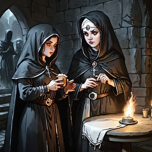 Prompt: Necromantian and alcoholic girly nun, dark nun, necromantic atmosphere, mystical and otherworldly atmosphere, drape and detailed fabrics with linen texture, intense and focused gaze, high-quality, highres, detailed, fantasy art, post-apocalyptic, mystical atmosphere, intense gaze, video game, Skyrim style, lord of the rings style, Magic the gathering style, Wayne Reynolds style, Marc Tedin style, Carl Critchlow style, Ilse Gort style