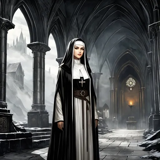 Prompt: Necromantian and alcoholic girly nun, dark nun, necromantic atmosphere, mystical and otherworldly atmosphere, drape and detailed fabrics with linen texture, intense and focused gaze, high-quality, highres, detailed, fantasy art, post-apocalyptic, mystical atmosphere, intense gaze, video game, Skyrim style, lord of the rings style, Magic the gathering style, Wayne Reynolds style, Marc Tedin style, Carl Critchlow style, Ilse Gort style